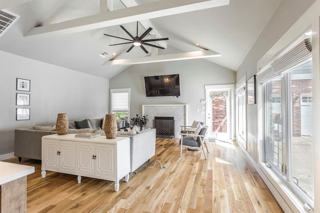 833 Gathering Leaves Way Unit 9183810100, Edmond, OK 73034 - living room with beamed ceiling, light wood-style floors, a fireplace, ceiling fan, and high vaulted ceiling