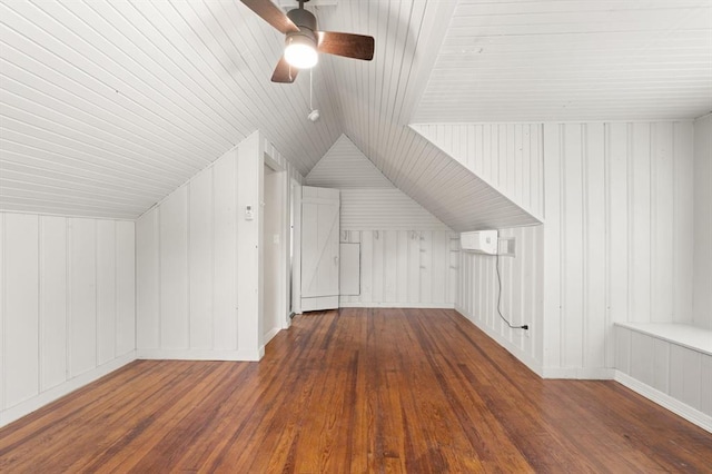 2525 NW 32nd St, Oklahoma City, OK 73112 - bonus room featuring hardwood / wood-style flooring, a ceiling fan, lofted ceiling, a wall mounted AC, and wooden walls