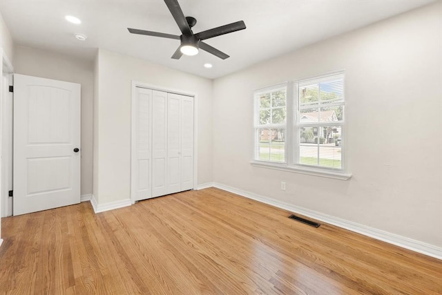 2525 NW 32nd St, Oklahoma City, OK 73112 - unfurnished bedroom featuring light wood-type flooring, a closet, recessed lighting, and ceiling fan