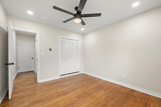 2525 NW 32nd St, Oklahoma City, OK 73112 - unfurnished bedroom with light wood-style floors, a closet, recessed lighting, and a ceiling fan