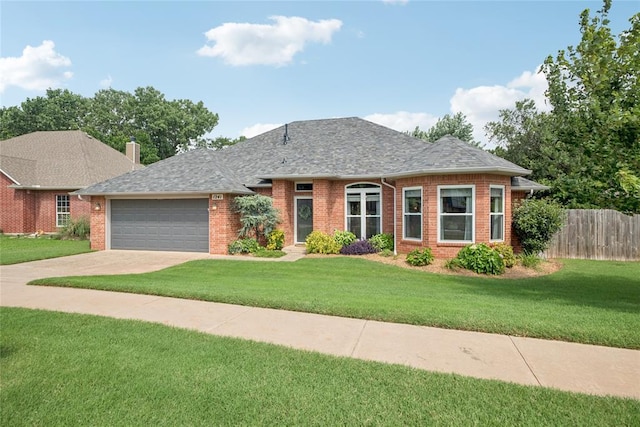 1241 NW 183rd St, Edmond, OK 73012 - ranch-style home with brick siding, an attached garage, concrete driveway, roof with shingles, and a chimney