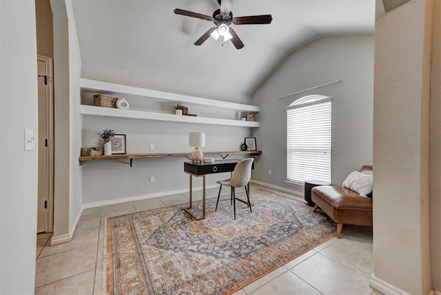 9909 Summerhill Ln, Yukon, OK 73099 - tiled home office featuring a ceiling fan, vaulted ceiling, and built in desk