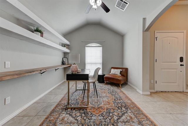 9909 Summerhill Ln, Yukon, OK 73099 - office area featuring light tile patterned flooring, a ceiling fan, and vaulted ceiling