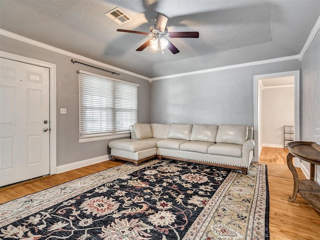 531 NW 48th St, Oklahoma City, OK 73118 - living area with a ceiling fan, wood finished floors, and ornamental molding