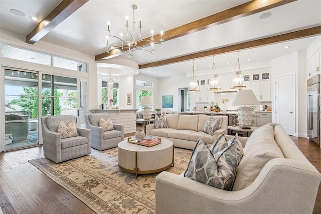 1415 Sherwood Ln, Nichols Hills, OK 73116 - living room with a chandelier, beamed ceiling, wood finished floors, and recessed lighting