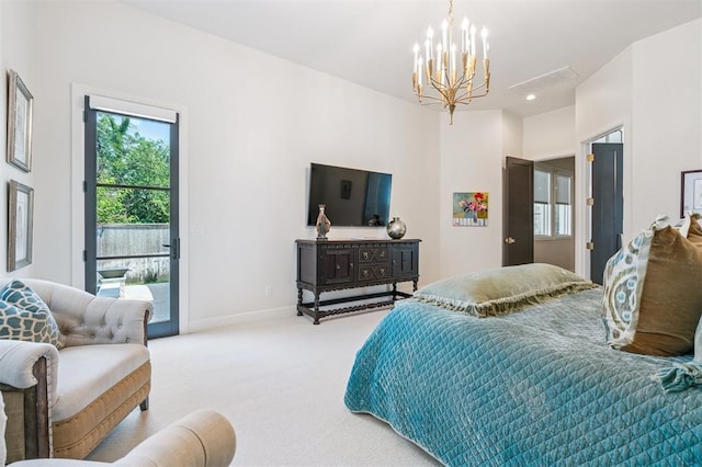 1415 Sherwood Ln, Nichols Hills, OK 73116 - bedroom with access to exterior, light colored carpet, and a chandelier