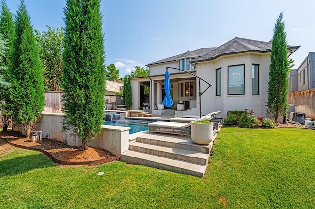 1415 Sherwood Ln, Nichols Hills, OK 73116 - back of property featuring an outdoor pool, a fenced backyard, a balcony, and stucco siding