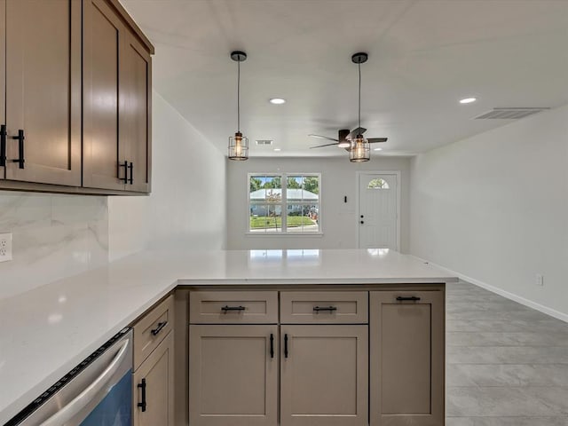 1609 NE 26th St, Oklahoma City, OK 73111 - kitchen with a peninsula, dishwasher, light countertops, ceiling fan, and recessed lighting