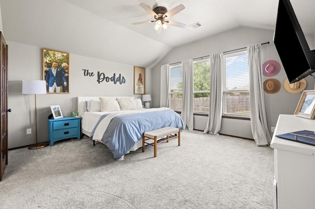 18200 Allora Dr, Edmond, OK 73012 - bedroom featuring vaulted ceiling, carpet floors, and a ceiling fan