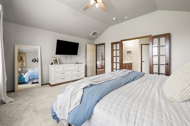 18200 Allora Dr, Edmond, OK 73012 - bedroom featuring lofted ceiling, carpet floors, ensuite bath, and a ceiling fan