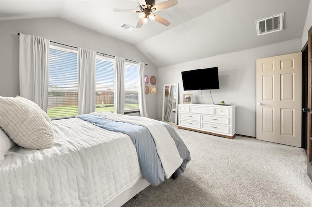 18200 Allora Dr, Edmond, OK 73012 - carpeted bedroom with lofted ceiling and ceiling fan