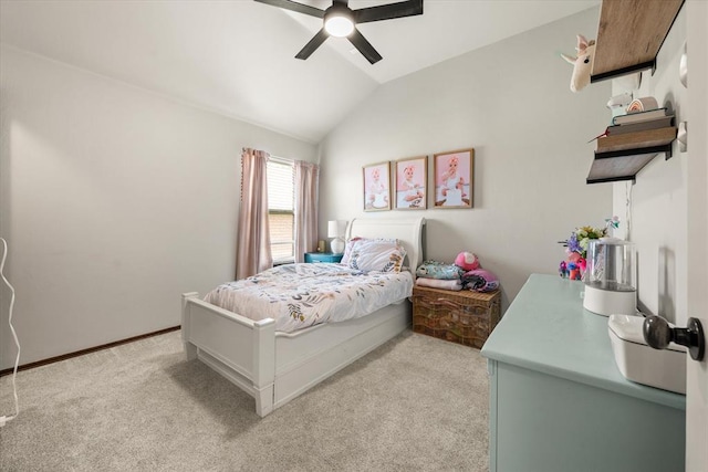 18200 Allora Dr, Edmond, OK 73012 - bedroom featuring light carpet, lofted ceiling, and ceiling fan
