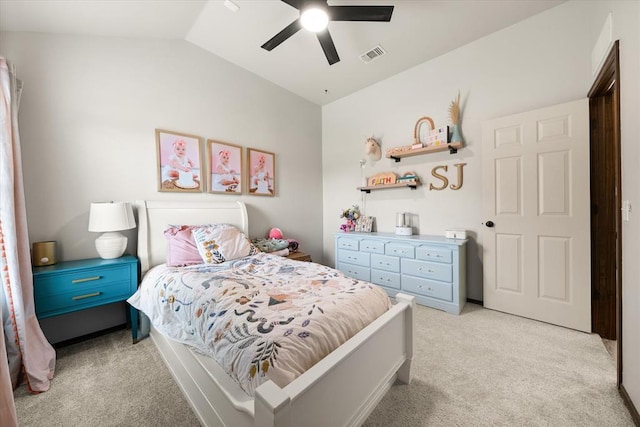 18200 Allora Dr, Edmond, OK 73012 - bedroom with light carpet, lofted ceiling, and ceiling fan