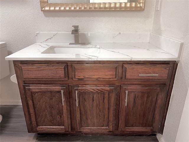 12519 SW 2nd St, Yukon, OK 73099 - bathroom with vanity, a textured wall, and wood finished floors