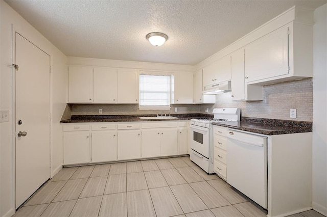 4025 Parkwoods Ln, Midwest City, OK 73110 - kitchen featuring white appliances, under cabinet range hood, a textured ceiling, white cabinetry, and tasteful backsplash