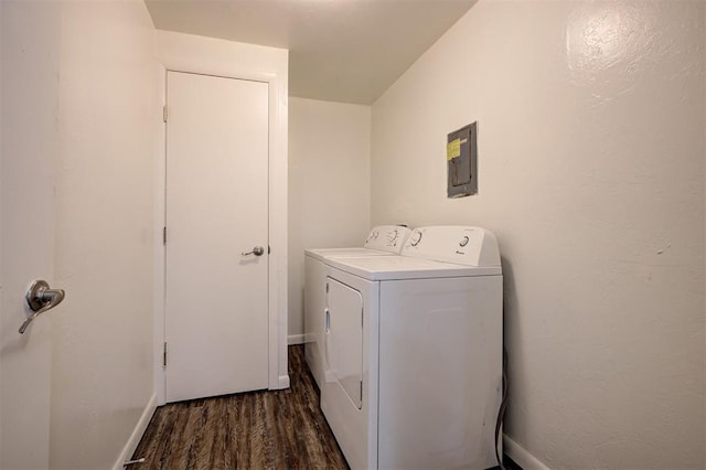 4025 Parkwoods Ln, Midwest City, OK 73110 - laundry room with washing machine and dryer, dark wood-type flooring, and electric panel