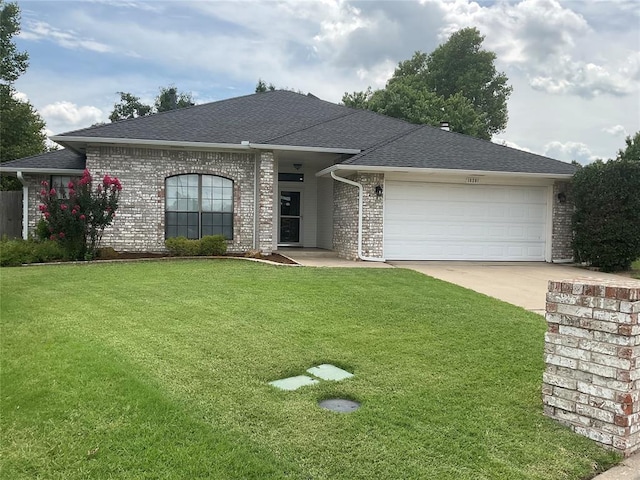 10201 Pinckney Ct, Oklahoma City, OK 73162 - ranch-style house with a garage, concrete driveway, a front yard, roof with shingles, and brick siding