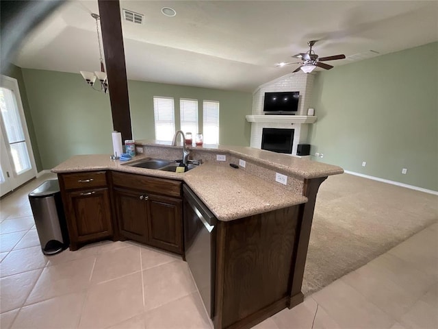 10201 Pinckney Ct, Oklahoma City, OK 73162 - kitchen featuring stainless steel dishwasher, open floor plan, ceiling fan, dark brown cabinetry, and vaulted ceiling