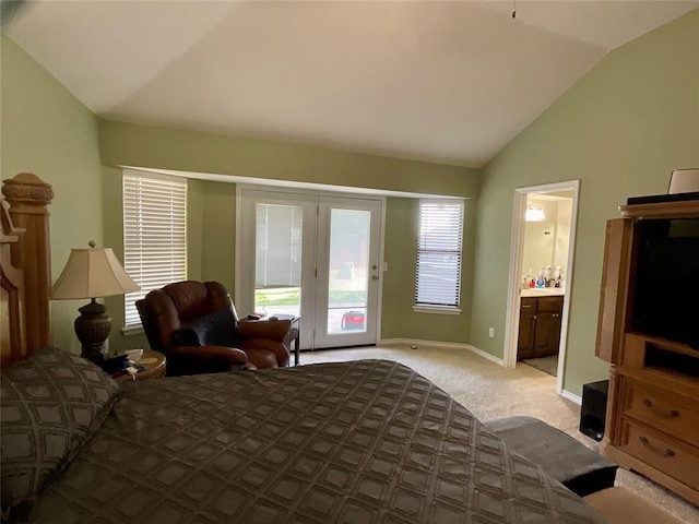 10201 Pinckney Ct, Oklahoma City, OK 73162 - carpeted bedroom featuring vaulted ceiling, access to outside, and ensuite bath