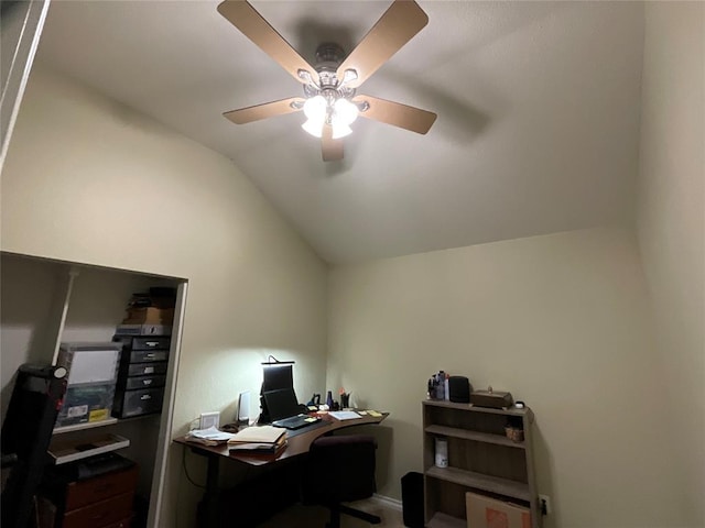 10201 Pinckney Ct, Oklahoma City, OK 73162 - carpeted office space featuring vaulted ceiling and a ceiling fan