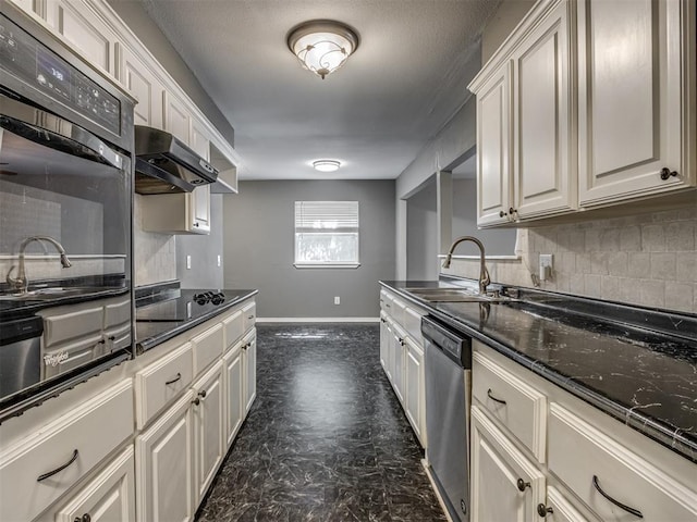 528 Sweetbough St, Jones, OK 73049 - kitchen featuring black appliances, exhaust hood, backsplash, and dark stone countertops