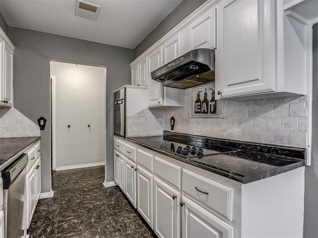 528 Sweetbough St, Jones, OK 73049 - kitchen with ventilation hood, dark countertops, stainless steel dishwasher, and white cabinets