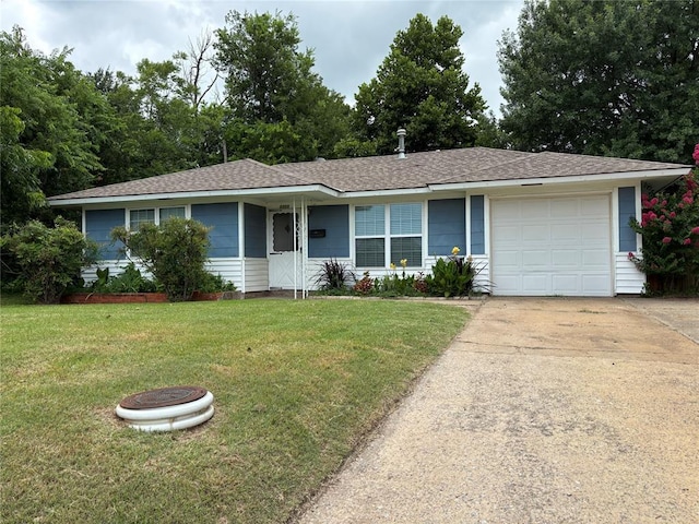 3305 N Mueller Ave, Bethany, OK 73008 - ranch-style home featuring an attached garage, a front yard, driveway, and a shingled roof