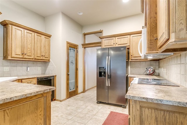 1308 River Birch Dr, Yukon, OK 73099 - kitchen with stainless steel fridge, dishwasher, light countertops, light tile patterned flooring, and backsplash