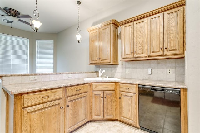1308 River Birch Dr, Yukon, OK 73099 - kitchen with dishwasher, a peninsula, a ceiling fan, and decorative backsplash