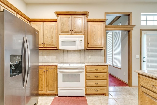 1308 River Birch Dr, Yukon, OK 73099 - kitchen featuring white appliances, backsplash, light tile patterned floors, and light stone countertops