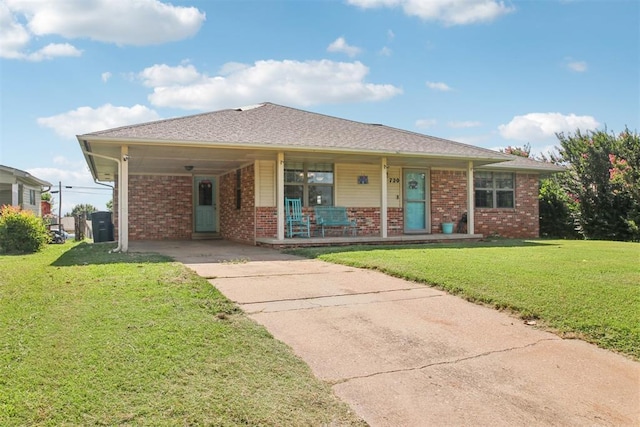 720 N Main St, Blanchard, OK 73010 - ranch-style home featuring a porch, driveway, a carport, and brick siding