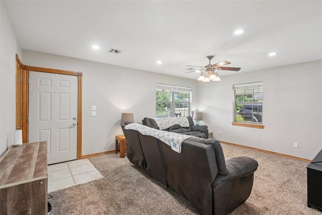 720 N Main St, Blanchard, OK 73010 - living area featuring light carpet, recessed lighting, and ceiling fan