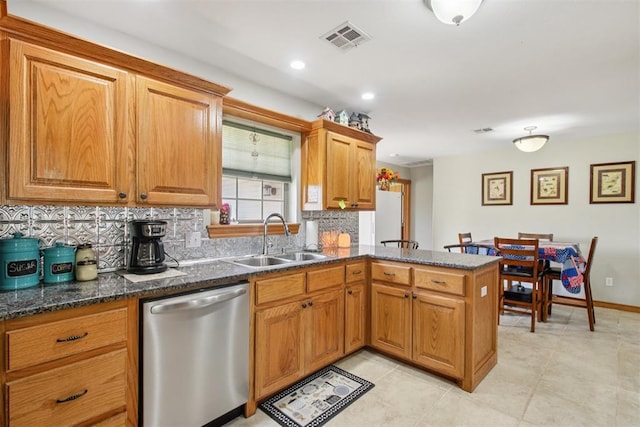 720 N Main St, Blanchard, OK 73010 - kitchen featuring dishwasher, decorative backsplash, a peninsula, dark stone counters, and brown cabinets
