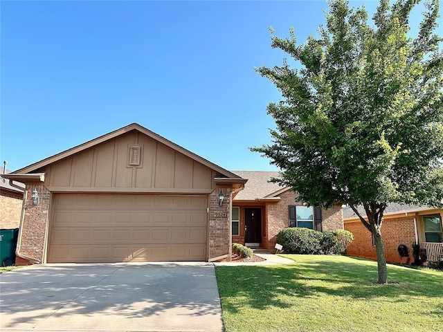 9524 SW 26th St, Oklahoma City, OK 73128 - ranch-style home featuring a garage, brick siding, concrete driveway, a front yard, and board and batten siding