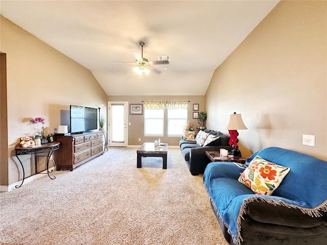 9524 SW 26th St, Oklahoma City, OK 73128 - carpeted living room featuring lofted ceiling and ceiling fan