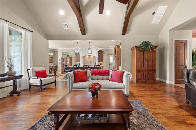 2725 Open Range Rd, Edmond, OK 73034 - living area with wood finished floors, recessed lighting, a ceiling fan, and high vaulted ceiling