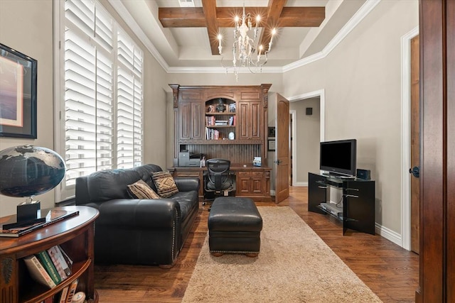 2725 Open Range Rd, Edmond, OK 73034 - living room featuring coffered ceiling, a chandelier, dark wood-type flooring, beam ceiling, and crown molding