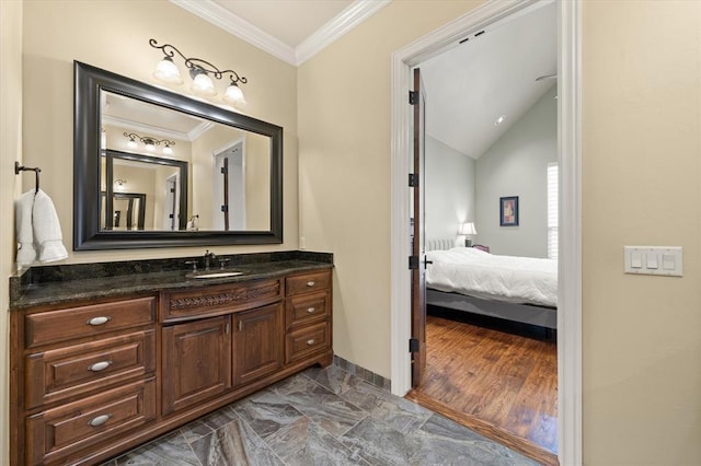 2725 Open Range Rd, Edmond, OK 73034 - bathroom featuring ornamental molding, vanity, lofted ceiling, marble finish floors, and ensuite bathroom