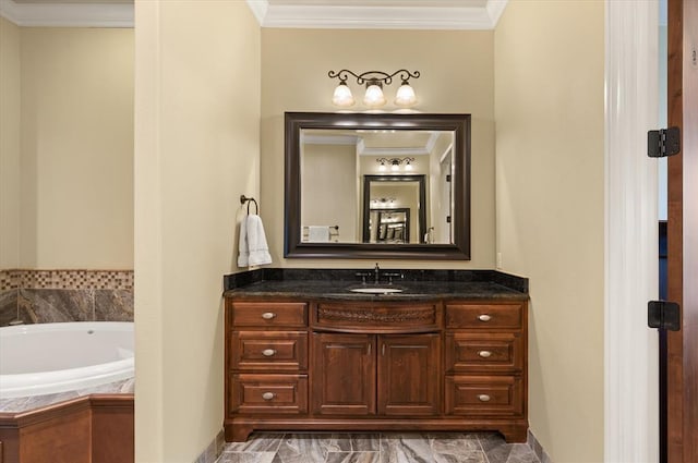 2725 Open Range Rd, Edmond, OK 73034 - full bathroom with crown molding, a bath, vanity, and marble finish flooring