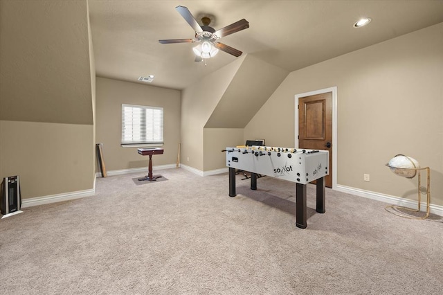 2725 Open Range Rd, Edmond, OK 73034 - game room with carpet, a ceiling fan, vaulted ceiling, and recessed lighting
