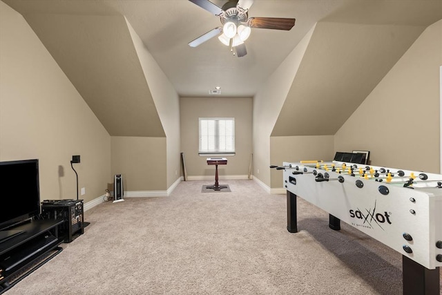 2725 Open Range Rd, Edmond, OK 73034 - rec room with carpet, a ceiling fan, and vaulted ceiling