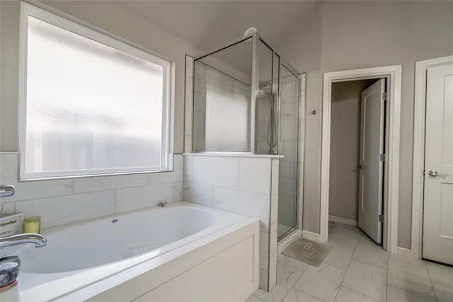 6605 NW 150th Ter, Oklahoma City, OK 73142 - full bath featuring a shower stall, a garden tub, and marble finish flooring