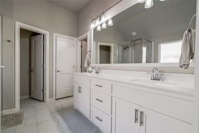 6605 NW 150th Ter, Oklahoma City, OK 73142 - full bath featuring marble finish floors, double vanity, and a shower stall