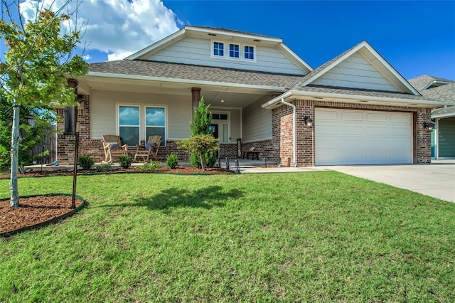 6605 NW 150th Ter, Oklahoma City, OK 73142 - craftsman-style home with driveway, a garage, brick siding, a porch, and a shingled roof