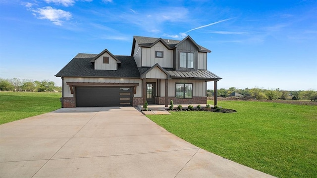 4676 Ranchero Dr, Edmond, OK 73025 - modern farmhouse featuring board and batten siding, brick siding, a front lawn, concrete driveway, and an attached garage
