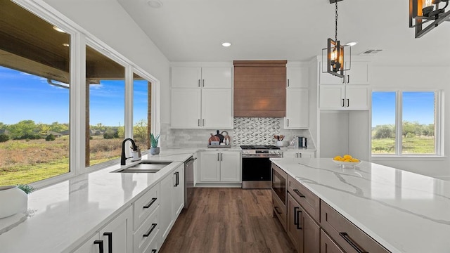 4676 Ranchero Dr, Edmond, OK 73025 - kitchen with stainless steel appliances, custom exhaust hood, plenty of natural light, dark wood finished floors, and recessed lighting