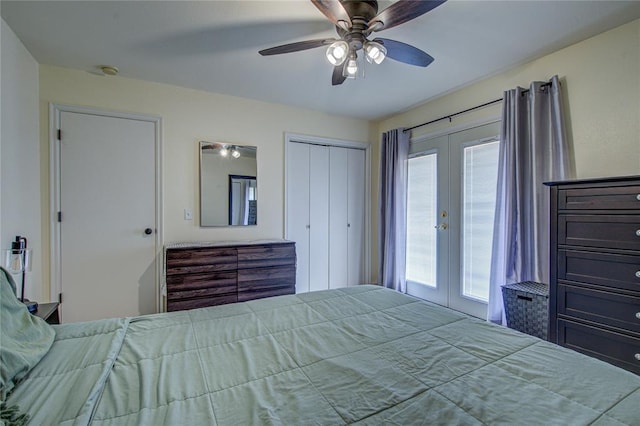2013 Creekridge Dr, Oklahoma City, OK 73141 - bedroom featuring french doors, access to outside, a closet, and a ceiling fan