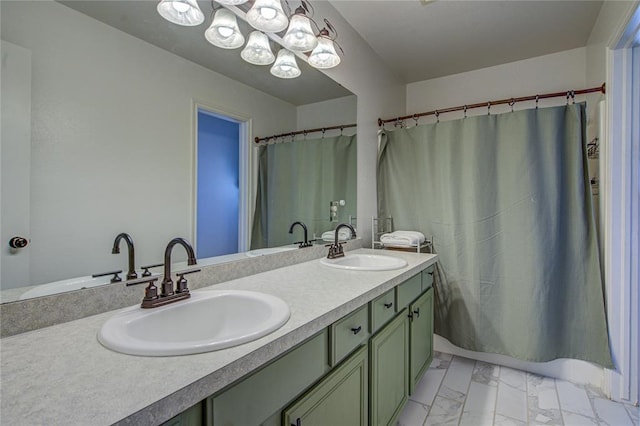 2013 Creekridge Dr, Oklahoma City, OK 73141 - bathroom featuring marble look tiles, double vanity, a chandelier, and a shower with shower curtain