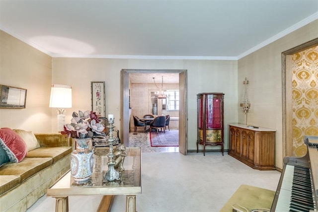 2532 Lancaster Ln, Oklahoma City, OK 73116 - living room with carpet, crown molding, and a chandelier