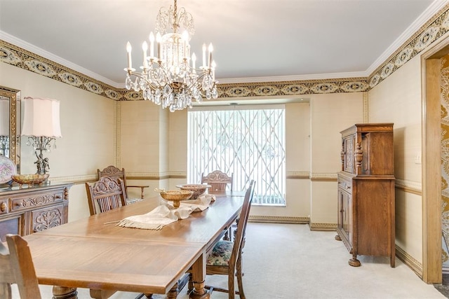 2532 Lancaster Ln, Oklahoma City, OK 73116 - dining room with light carpet, crown molding, and a chandelier